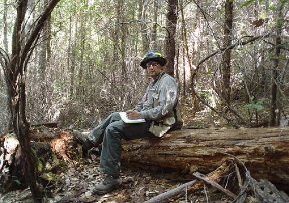 Frank Lake, research ecologist with the U.S. Forest Service’s Pacific Southwest Station, jots down some field notes after visiting a forest study plot in northern California. (Photo Credit: Kenny Sauve, Western Klamath Restoration Partnership).
