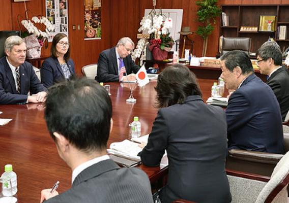 Agriculture Secretary Tom Vilsack and Deputy Under Secretary for Farm and Foreign Agricultural Services (FFAS) Alexis Taylor discuss the Trans-Pacific Partnership (TPP) implementation and export opportunities with Japanese Minister for Agriculture, Forestry and Fisheries, Hiroshi Moriyama in Tokyo, Japan on Nov. 20, 2015
