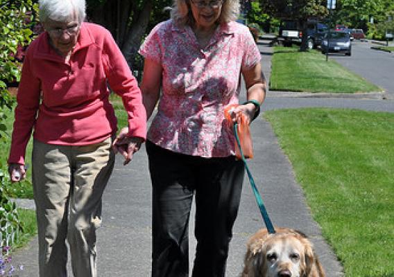 Kate Nichols (right), a caregiver/member-owner of the Circle of Life Caregiver Cooperative, helping client Bess Christman get some exercise with golden retriever Amber
