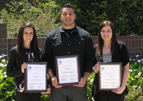 Fresno State University students, Caitlin Guest, Aki Dionisopoulos and Amanda Jo Bettencourt received scholarship assistance from AMS on May 5 in Fresno, California.