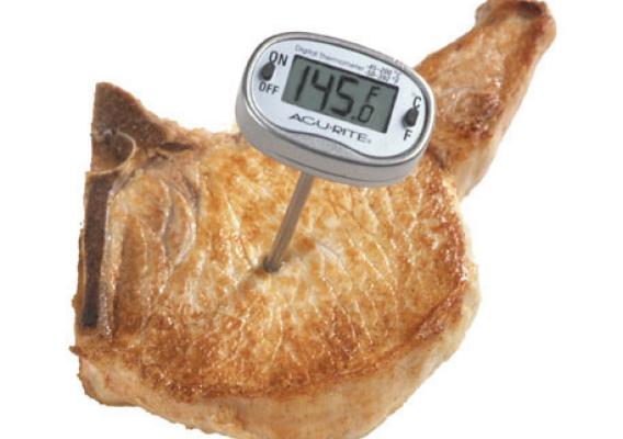 Cook pork, roasts, and chops to 145 ºF as measured with a food thermometer, then allow the meat to rest for three minutes before carving or consuming.