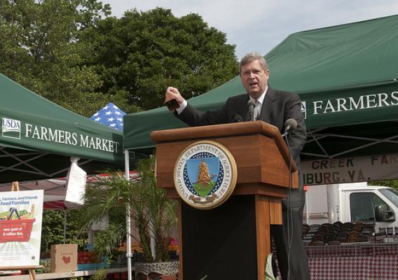 Agriculture Secretary Tom Vilsack rings the bell opening the 2011 Farmers Market located at the U.S. Department of Agriculture in Washington, DC, on Friday, Jun. 3, 2011.