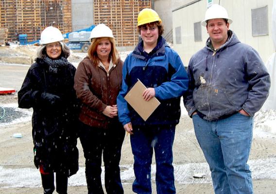 Touring the Berlin, MD Wastewater Treatment Plant construction site are (l-r) Dr. Merle Marsh, Director of Special Projects, Worcester Preparatory School; Jane Kreiter, Director of Wastewater; student reporter Jamie Welch, Worcester Preparatory School; and James C. Latchum, Superintendent of Wastewater, Berlin, MD. 