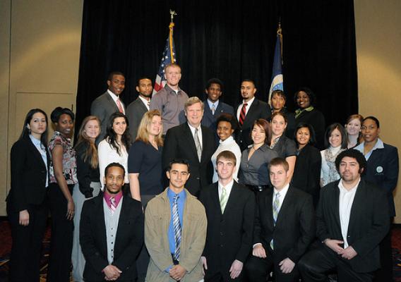 Student participants of USDA’s Agricultural Outlook Forum Diversity Program meet with Agriculture Secretary Tom Vilsack at the 2010 USDA Outlook Forum.