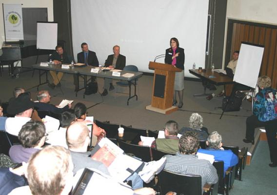 Oregon State Director Vicki Walker addresses the audience at the Bend, Oregon jobs forum.