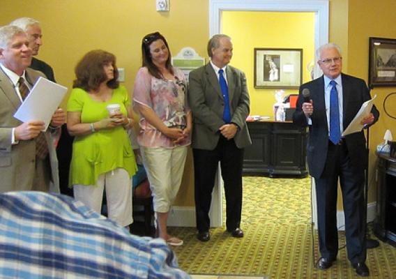 Kentucky Rural Development State Director Tom Fern (right) speaks at the opening of the Daisy Hill Assisted Living facility in Versailles.  USDA Rural Development guaranteed a loan for the facility, creating jobs and providing a quality facility for area seniors. USDA photo.