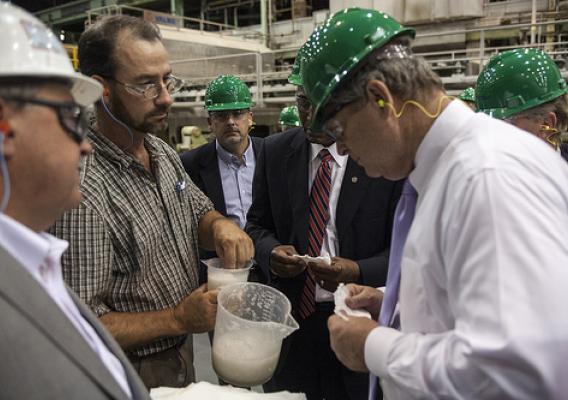 Agriculture Secretary Tom Vilsack (right) tours Domtar Inc. in Plymouth, NC on Friday, Aug. 15, 2013. Domtar produces lignin, a biobased material with the potential to create advanced new products and energy. Domtar is working with a number of partners, including the U.S. Forest Products Laboratory, on development of lignin applications that includes fuel additives, solid fuels, high performance adhesives and more.