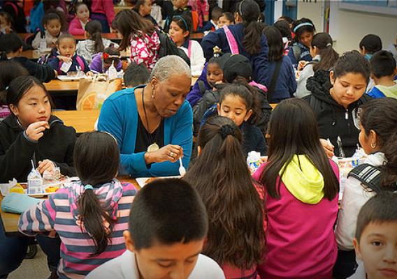 Administrator for the Food and Nutrition Service Audrey Rowe engages elementary students from Sacramento Unified District on the importance of starting their day with a healthy breakfast.