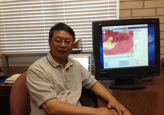 Shyh-Chin Chen is a research meteorologist for the Pacific Southwest Research Station in California. Having experienced wildland fire literally on his home’s doorstep at least several times during the last decade, he has a passion for developing new weather forecasting tools to help firefighters predict and combat fires more effectively. Here he is shown with the Firebuster web tool.  (U.S. Forest Service)