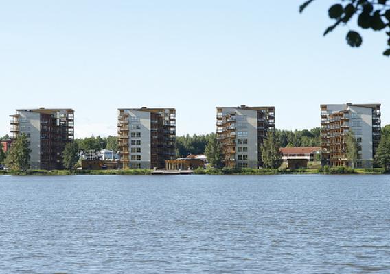 Cross Laminated Timber (CLT) and other emerging wood technologies are being used in new construction projects around the world, like these apartment buildings in Vaxjo, Sweden. (Photo credit: Midroc Property Development) 