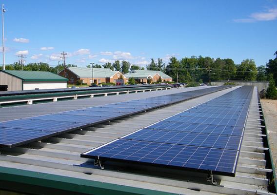 Solar panels atop the storage units outside E&S Mart in Altavista
