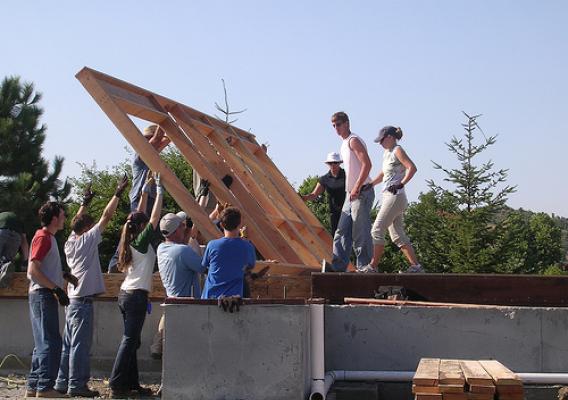 A volunteer crew helps construct a home in rural Oregon through the USDA Self Help Program.