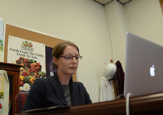U.S. Department of Agriculture (USDA) National Coordinator for Local and Regional Food Systems Elanor Starmer leads a live Google+ Hangout to discuss the importance of a comprehensive Food, Farm and Jobs Bill to local and regional food systems at USDA on Thursday, Nov. 21, 2013. USDA photo by Thomas Witham. 