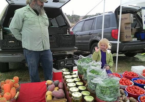 Anthony Micheli and daughter Scarlett stand ready to sell their vegetables at a Texas Farmers Market. The vegetables are grown on Micheli and his wife’s (Brittany Davis) niche market operation financed by an FSA Microloan.