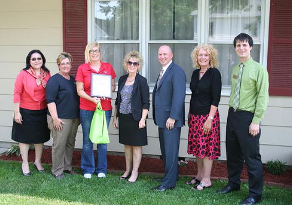 (L to R) Administrator Trevino; Christine Rutherford, Peoples Bank and Trust; Stefanie Koester, homeowner; Janie Dunning, Missouri Rural Development  State Director; Mike Mullen, Equitable Mortgage; Pam Anglin, Missouri Housing Program Director and Corey Husak, Senator Claire McCaskill’s Office.  USDA photos.
