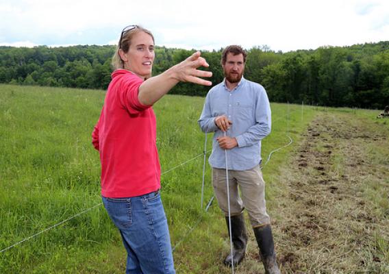 NRCS District Conservationist Kate Parsons discusses pasture management with Sean Stanton. NRCS photo.