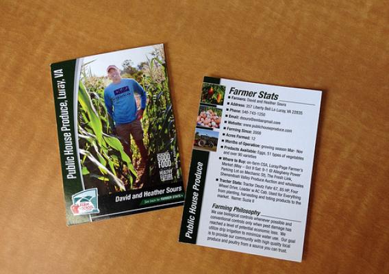 Farmer, David Sours, poses for the Public House Produce Farmer Trading Card. The back of the card showcases all sorts of facts about Sours’ operation.