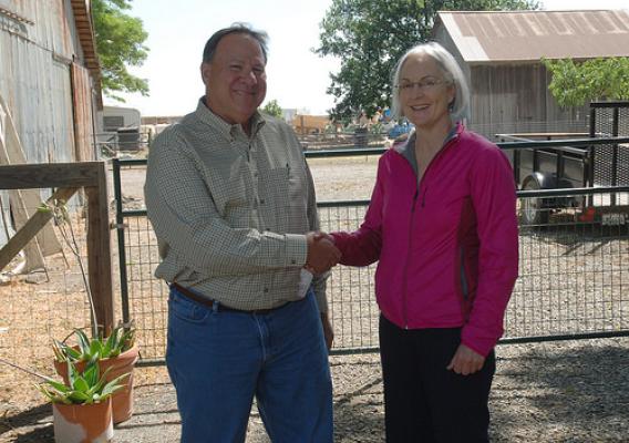 Deputy Under Secretary Ann Mills meets with producer Rick Martinez at his Triad Farm in Dixon, California. USDA photo.