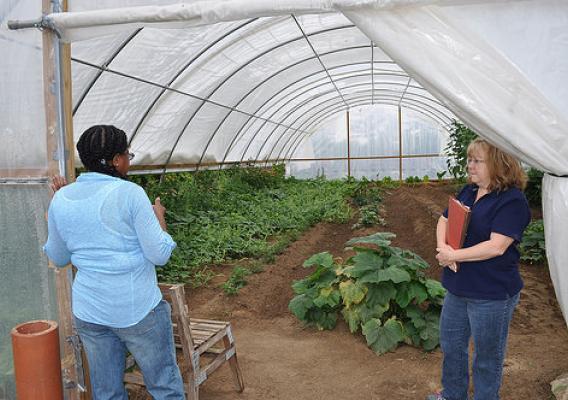 Hallie Robinson, left, and NRCS District Conservationist Lori Bataller, survey the rapid growth of produce in the high tunnel. NRCS photo.