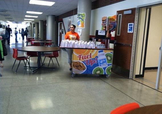 The “Grab-n-Go” breakfast station is in Liberal High School hallways after first period, so kids can pick them up on their way to the next class. The concept has increased breakfast participation (and students’ overall nutrition) significantly.