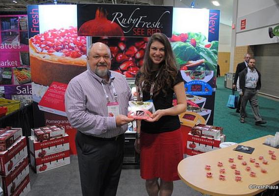 Seen here are David Anthony and Antonia Praljak of Oro Loma Ranch/Ruby Fresh Pomegranate. They are proudly promoting their new “Salad Jewels“ product line, which was introduced at the 2013 Canadian Produce Marketing Association (CPMA) trade show.