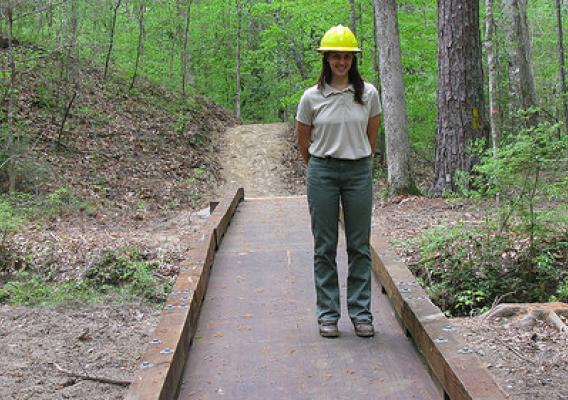 Jennifer Heisey Barnhart on the trail on Sumter National Forest. Forest Service photo.