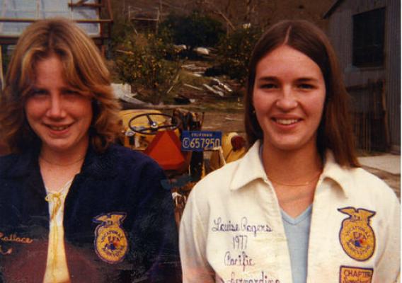 Mary Louise Reynnells (right) and Shellie Wallace-Polin in their FFA jackets, 1977.