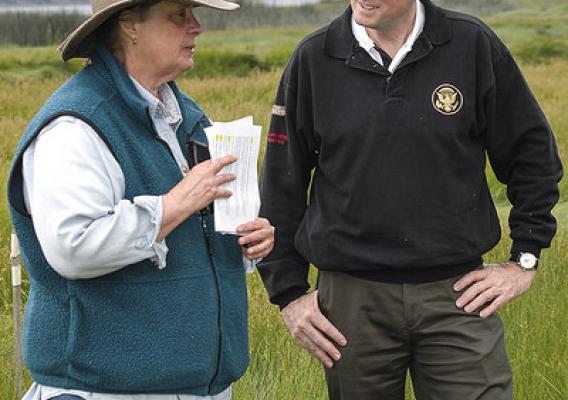 NRCS Assistant Chief Kirk Hanlin and Kate Kuhlman from Great Peninsula Conservancy discuss the progress of the Klingel Wetlands Restoration, while getting a first-hand look at the area.