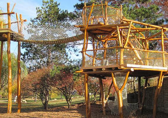The “Forest Scramble” playscape at Myrick Hixon EcoPark, in La Crosse, Wisconsin, features small-diameter round timber construction design by WholeTrees Architecture and Structures.  WholeTrees has used four Small Business Innovation Research grants to create new markets, grow its business, and create jobs in the rural economy. Photo courtesy of WholeTrees.
