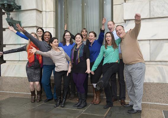 Members of the USDA Farm to School team in front of the USDA headquarters in Washington, DC.