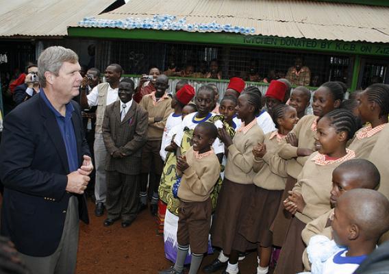 Secretary Vilsack speaking for the children and staff of Stara Rescue Center School outside Kibera.