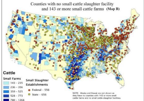A map of counties in the U.S. with no small cattle slaughter facility and 143 or more small cattle farms.