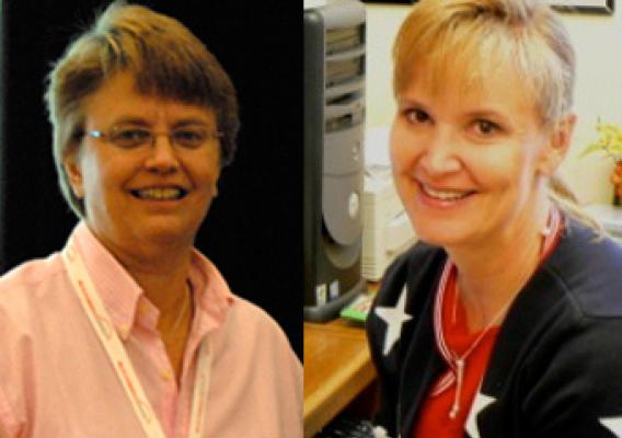 Betsy Greene (L) and Kathy Anderson (R) were honored with one of four Partnership Awards from NIFA for their outstanding work on the eXtension HorseQuest Leadership Team. 