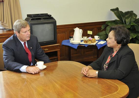 Agriculture Secretary Tom Vilsack meets with Shirley Sherrod in his office at the U.S. Department of Agriculture in Washington, DC, on Tuesday, August 24, 2010. USDA Photo by Bob Nichols