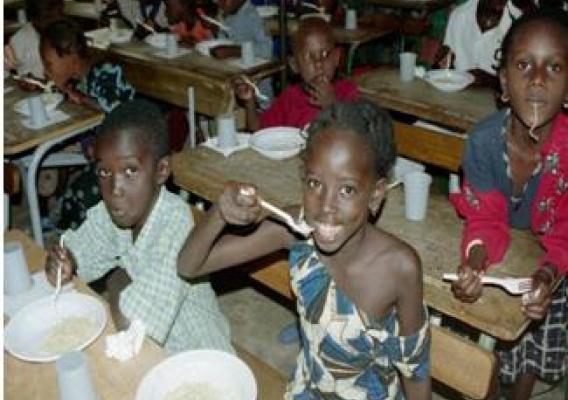 West African children enjoying instant noodles during the feasibility study. (Photo by Anne Dudte Johnson)