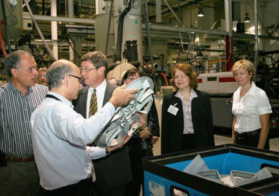 USDA Administrator Judy Canales (second from right) tours the McKechnie Vehicle Components  plant in Nicholasville, Ky. and is shown some of the automotive parts made on site. Administrator Canales toured the plant  with U.S. Rep. Ben Chander , Nicholasville Mayor Russell Meyer, Jeff Ball of Citizens Commerce Bank and Tom Fern, State Director for Rural Development.