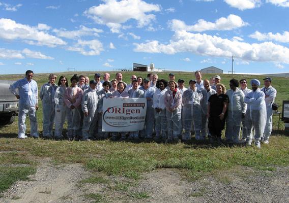 The 2010 annual orientation tour group stops for a picture at ORIgen beef genetics facility in Huntley, Mont.”