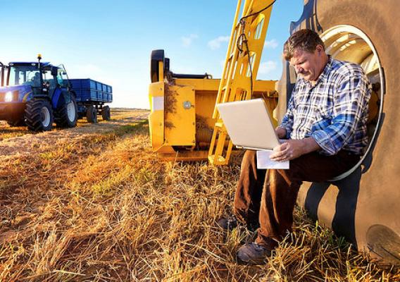 Organic farmer on his computer