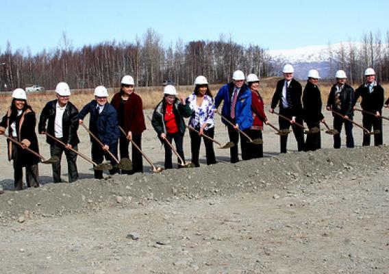 Dignitaries from the Southcentral Foundation were joined by Alaska local and state officials, a representative from USDA Rural Development and Alaska Senator Mark Begich (7th from right) at a groundbreaking ceremony in Wasilla marking the start of construction of a new regional health care facility to serve Alaska Natives.  Funding for the project was made possible through USDA and the Recovery Act.  