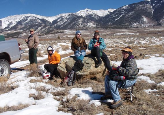 NRCS Earth Team volunteers and a Colorado state biologist enjoy lunch in the field during a bird count of the Gunnison sage-grouse in a remote section of high desert. From left, Robert Bright, Michelle Collins, Stephanie Steinhoff (state biologist), Jenny Nehring and Elinor Laurie. 
