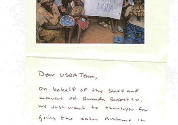The thank you note (with photo) USDA received from the Rwanda Basket Company
