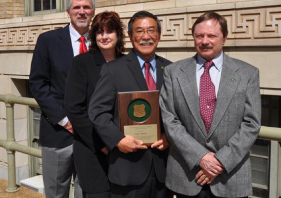 The four U.S. Forest Service recipients of Engineer of the Year awards for 2010, as nominated by their peers, are (from left): Lynn Hicks; Shonni Hanks Nelson, Alan Yamada, and Charles Warren. The recipients were awarded their plaques in a ceremony help Monday, April 4 here in Washington DC. (US Forest Service photo) 