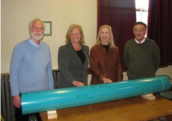 Signing a new sewer pipe are (L to R)- Thomaston Wastewater Pollution Control  Facility Superintendent John Fancy; Congresswoman Chellie Pingree; USDA Rural Development State Director Virginia Manuel; and Thomaston Town Manager Val Blastow