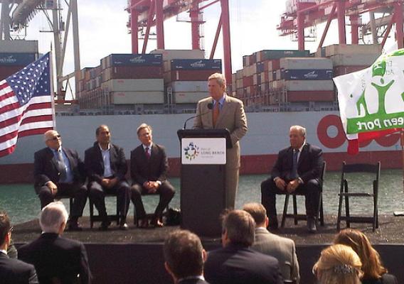 With a container ship docked in the background, Secretary Vilsack speaks at the Port of Long Beach yesterday about the importance of farm exports to our economy. 