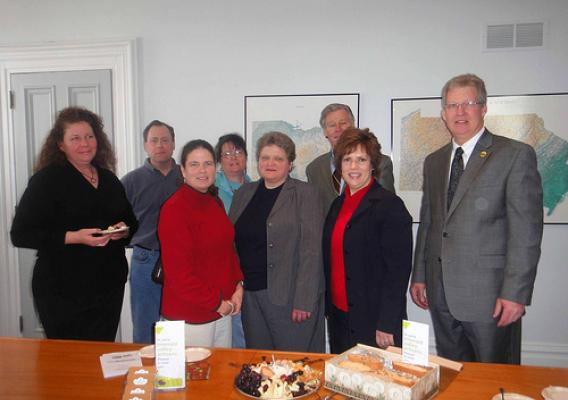 Deputy Under Secretary Cheryl Cook meets with recipients of loans made possible through USDA Rural Development’s Business and Industry program. L to R (Kara Kurz, Chef Dato’s Table, PJ Nied, Ligonier Country Inn, Sandra Younkin, Confluence Bed and Breakfast, John Dawes, Huntingdon Farm, (Front) Maggie Nied, Ligonier Country Inn, Agriculture Deputy Under Secretary Cheryl Cook, Alisa Fava-Fasnacht, Emerald Valley Artisans, and Thomas P. Williams, Pennsylvania Rural Development State Director