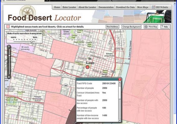 Map in the ERS Food Desert Locator showing the location of food deserts in downtown St. Louis, with  popup window displaying detailed information for a specific tract