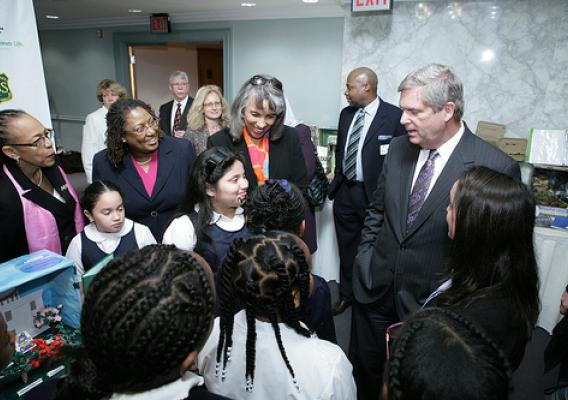 USDA Secretary Tom Vilsack speaks with elementary school students from Barnard Elementary in Northwest Washington D.C. about their participation in Project Learning Tree, a partnership conservation education program with the American Forest Foundation and the U.S. Forest Service (US Forest Service photo) 