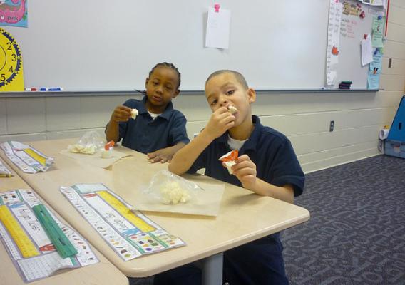 First graders at E. J. Brown Elementary School in Dayton, Ohio, eat cauliflower with lowfat ranch dip, as part of their school’s Fresh Fruit and Vegetable Program. According to school nurse Virginia Noe, the students “gobbled up” the cauliflower, with and without the dip.