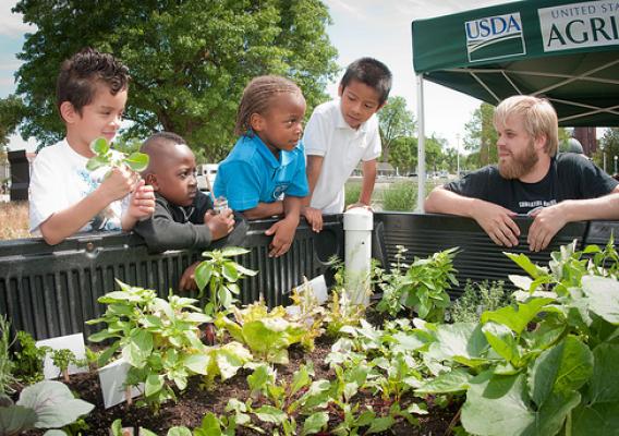 Stephen Kendall, Food Donations Coordinator at DC Central Kitchen, and students from Powell Elementary School in NW, DC hunt for  herbs in the Truck Farm during the USDA Farmers Market and the official kick off of the People's Garden Friday activities on Friday, June 3, 2011 in Washington, DC.