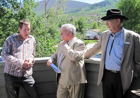 Left to right – Standing on the deck of Greg Kane’s new residence in the Colorado mountains.   Greg Kane, Homeowner;  Alan Stephens, Acting Rural Development Housing Chief of Staff; and Colorado State Director Jim Isgar.